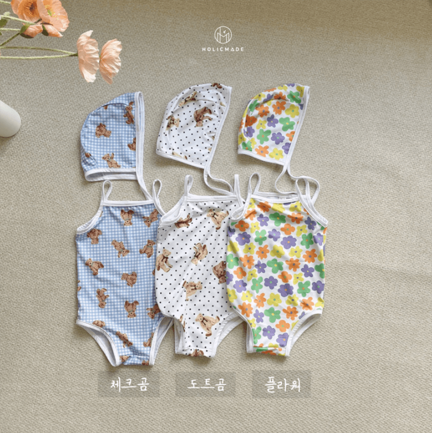홀릭메이드 자체제작 끈 수영복 세트 3종 패턴 — 곰·도트·플라워, 보넷 세트 구성